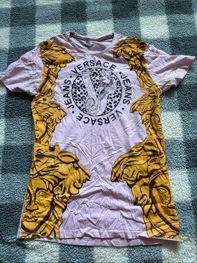 Versace Pink Tee with Gold Baroque Heads and Logo